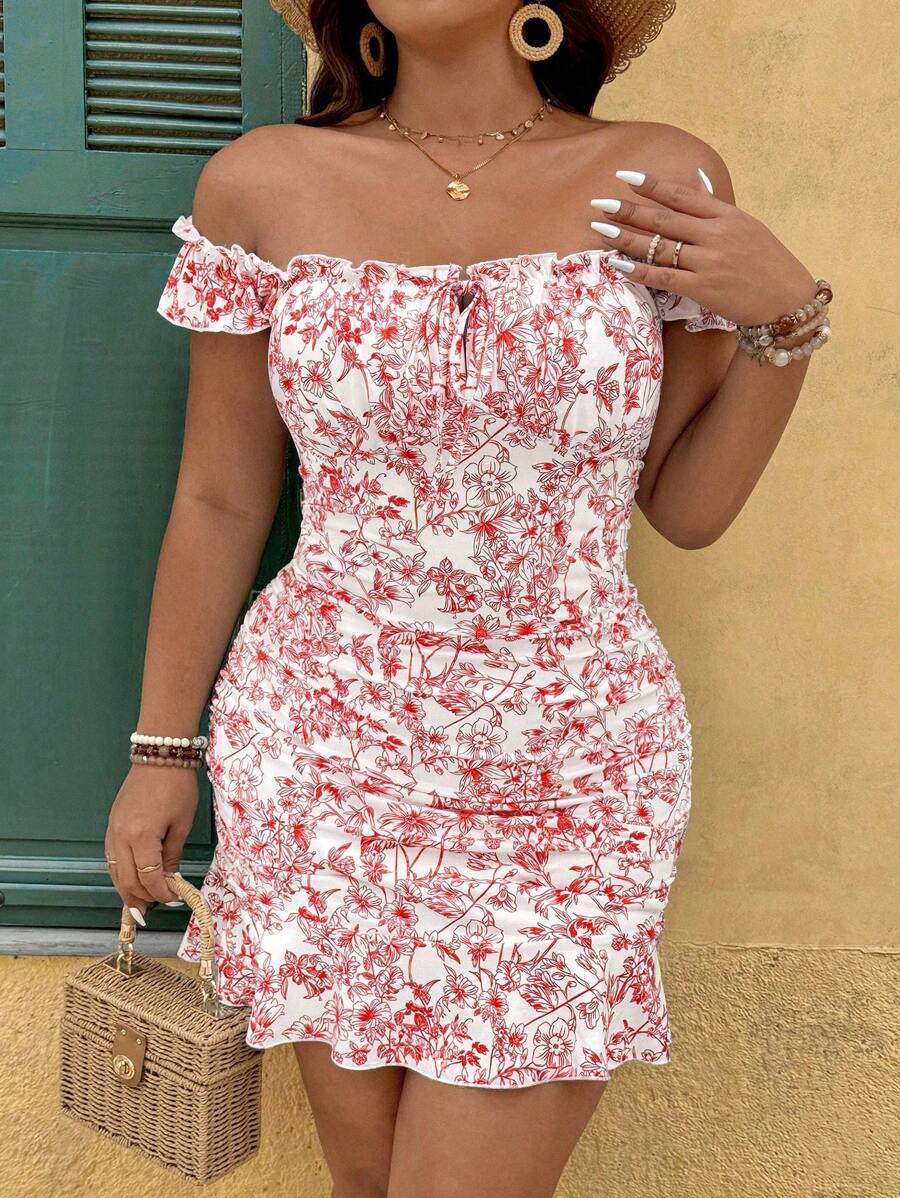 Breezaya Plus Size Women's European And American Style Floral Print Off-Shoulder Short Dress, Spring/Summer - Red - View 1