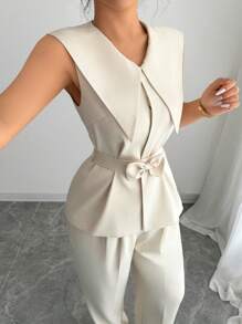 Elenzga Completo estivo da donna composto da blusa smanicata elegante con fiocco in vita e pantaloni lunghi, adatto per festival musicali, vacanze e uso quotidiano in tutte le stagioni