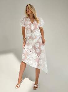 Auralis Falda elegante de oficina con borde asimétrico bordado, para invitada de boda, graduación, iglesia, brunch, talla grande, estilo fairycore, luna de miel, vacaciones en la isla, cumpleaños, blanco