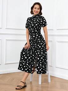 SHEIN LUNE Women's Summer Elegant Polka Dot Print Mid-Length Dress, Graceful Ladies Dress - Black and White - View 4