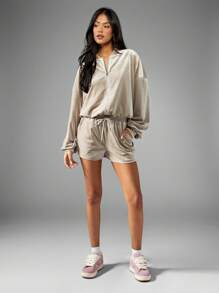 Missguided x Playboy Velour Tracksuit Bomber Style Half Zip Jacket With Rhinestone Embellishment Athletic Loungewear Cozy Casual Fall Winter Sports Wear - Light Grey - View 3