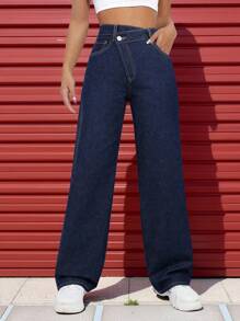 SHEIN Straight Leg Front Button Pocket Casual Jeans - Dark Wash - View 3