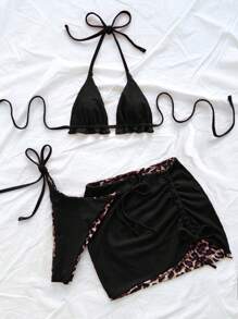 Soleia 3pcs Women's Leopard Print Contrast Red Bikini Set For Vacation - Black - View 2