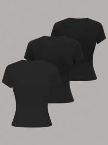 SHEIN PETITE 3pcs Set Simple Casual Solid Color Crew Neck Short Length T-Shirts For Women ,Petite Women - Black - View 2