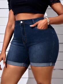 SHEIN SXY Pantaloni scurți din denim, cu buzunare laterale, spălate, de mărimi plus, de vară