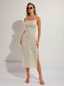 COSMINA فستان نسائي أكمام بلا أكمام لون أحادي مشقوق عالٍ