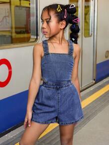 SHEIN 青少年女孩夏季海滩波西米亚风酷炫街头风格石洗连体裤，配有交叉背带和露背，青少年女孩夏季海滩波西米亚风度假服装返校街头装，女孩演唱会狂欢休闲装 - 中等水洗藍 - 查看 4