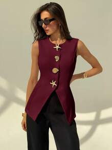 Aloruh Sleeveless Simple Commuter/Office Metal Decor Women Blazer Office In Fall/Winter - Burgundy - View 3