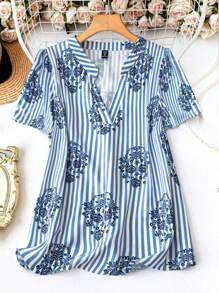 SHEIN LUNE 加大外出上衣西部度假夏季波西米亚风西部装宽松商务休闲条纹花卉印花衬衫 - 彩色 - 查看 1