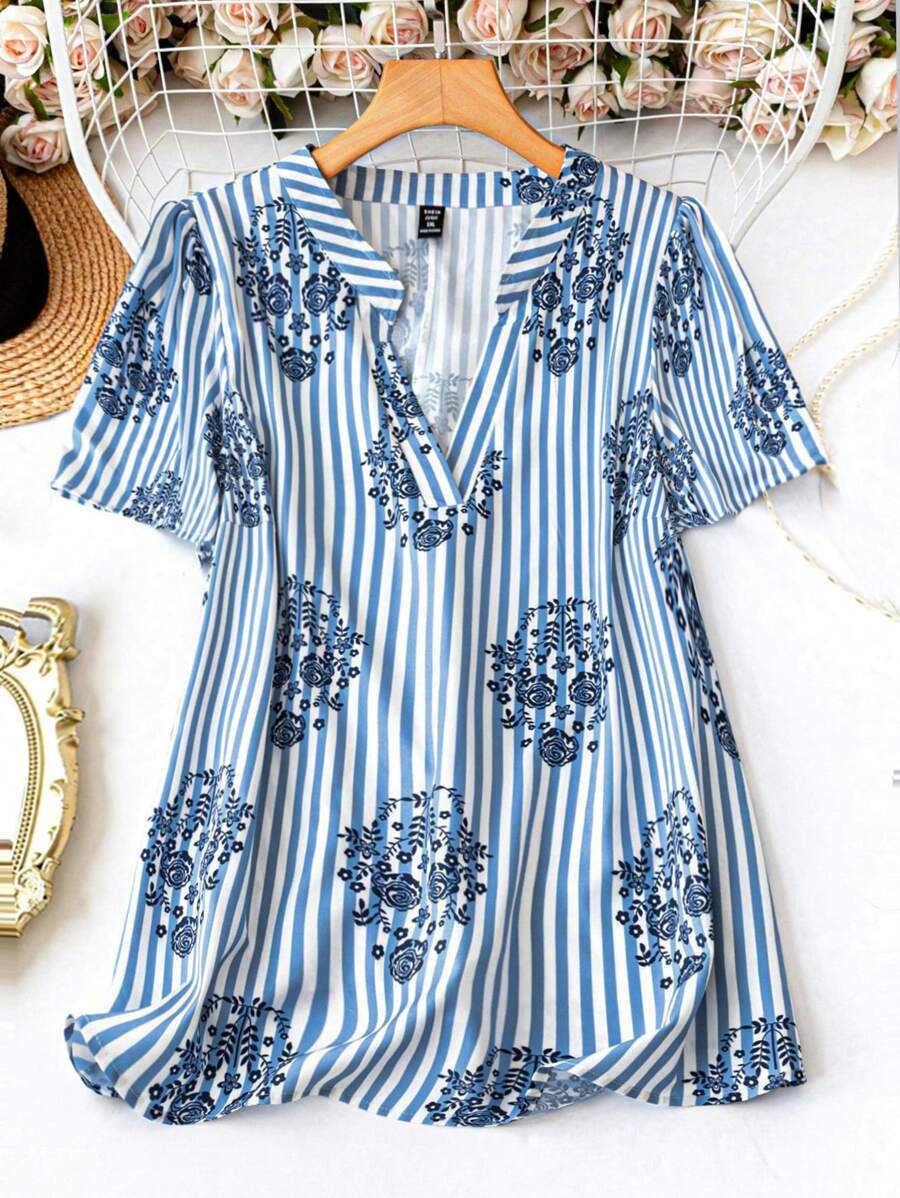 SHEIN LUNE 加大外出上衣西部度假夏季波西米亚风西部装宽松商务休闲条纹花卉印花衬衫 - 彩色 - 查看 1