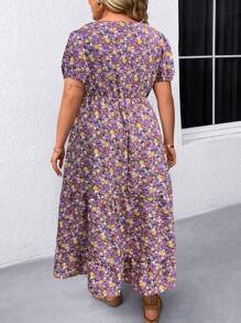 SHEIN LUNE Plus Size Women's Floral Print Square Neckline Summer Dress With Cinched Waist Maxi Women Outfit