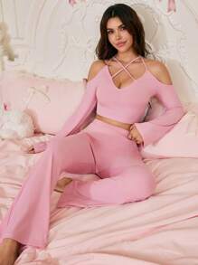 SweetSlumber 2 piezas Conjunto de pijama de mujer con escote en V profundo y sexy