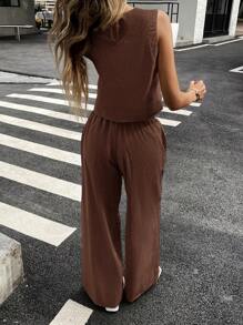 Siren Gaze Conjunto de Duas Peças Feminino para Uso Diário, Conjuntos de Verão Femininos, Roupas de Verão Femininas, Roupas de Algodão Femininas, Conjuntos de Roupas Casuais Femininas Marrom - Café - Visão 6