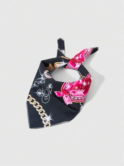 Kawaii 1 pezzo Sciarpa quadrata piccola alla moda con catena dorata, decorazione a fiocco e strass a forma di cuore, stile Y2K con diamanti, accessorio versatile, fazzoletto creativo multifunzionale