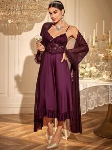 Slumberist 2pcs/Set Fish Bone Design Waist Lace Slip Dress + Floral Hem Wide Sleeve Sheer Robe - Maroon - View 7