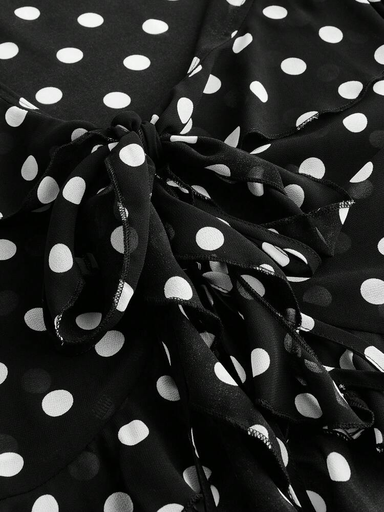 SHEIN Maija Spring/Summer New Vintage Polka Dot Print Design Front Tie Bow Ruffle Collar Asymmetric Hem Flare Sleeve Women Shirt, Fashionable Elegant Carnival/Party/Valentine's Day Outfit