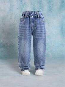 Denimly 年轻男孩休闲舒适简约百搭户外校园松紧腰洗水牛仔裤 - 中等水洗藍 - 查看 3