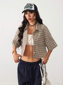 Coolane 女式春夏复古学院风短款格子宽松短款上衣新年红色衬衫 - 鏽棕色 - 查看 4