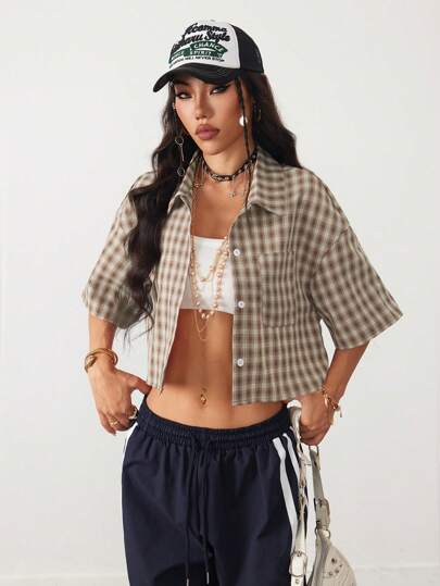 Coolane Dames lente/zomer vintage preppy crop geruite losse crop top rood overhemd voor nieuwjaar