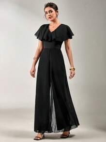 SHEIN Clasi Women's Elegant V-Neck Ruffled Chiffon Jumpsuit For Resort Wear - Black - View 3