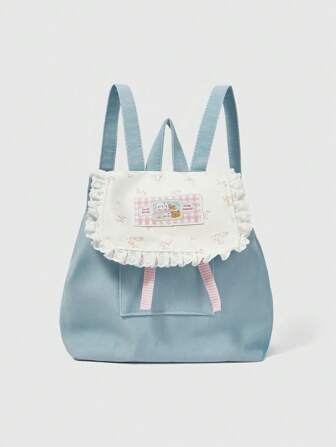 Kawaii Mochila de mujer con estampado floral y de dibujos animados, romántica, con bordado de lazo y empalme de loto, adecuada para viajes, salidas y uso diario, ideal para primavera y verano