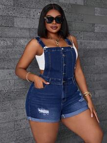 SHEIN SXY Plus Size Summer Casual Ripped Fitted Denim Bib Shorts - Army Green - View 4