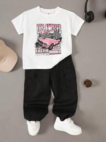 2pcs/Set Tween Boys Casual Streetwear Comfy Graffiti Print Loose Round Neck Short Sleeve Knit T-Shirt And Denim Pants Outfit, Suitable For Commuting, School, Daily, Vacation, Sports, Spring/Summer - Black - View 1