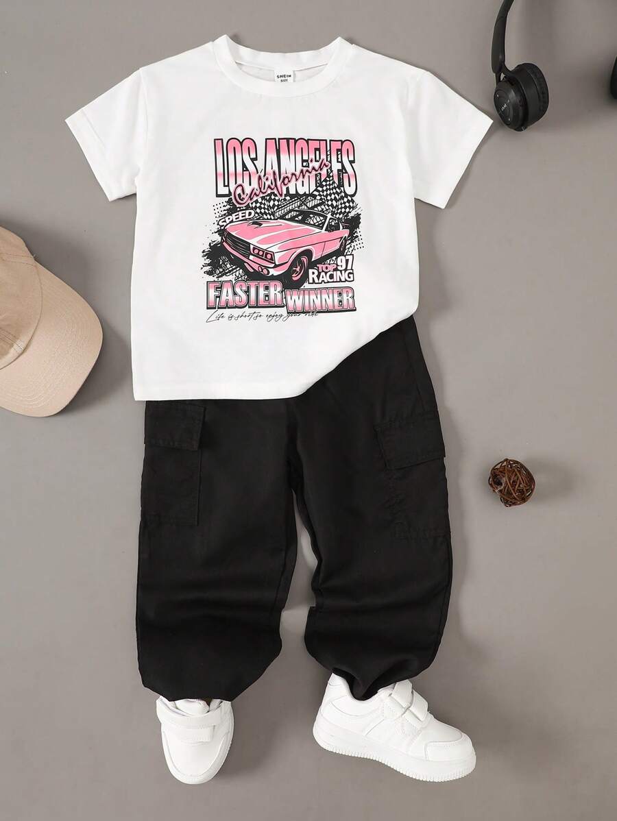 2pcs/Set Tween Boys Casual Streetwear Comfy Graffiti Print Loose Round Neck Short Sleeve Knit T-Shirt And Denim Pants Outfit, Suitable For Commuting, School, Daily, Vacation, Sports, Spring/Summer - Black - View 1