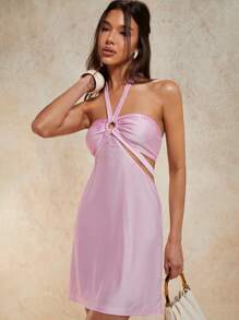 COSMINA Damen elegantes ärmelloses Mini Kleid mit kreisförmigem Detail, Sommerkleid - Pink - Übersicht 1