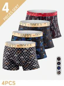 SHEIN 4pcs Men's Allover Print Contrast Trim Boxer Briefs - Multicolor - View 1