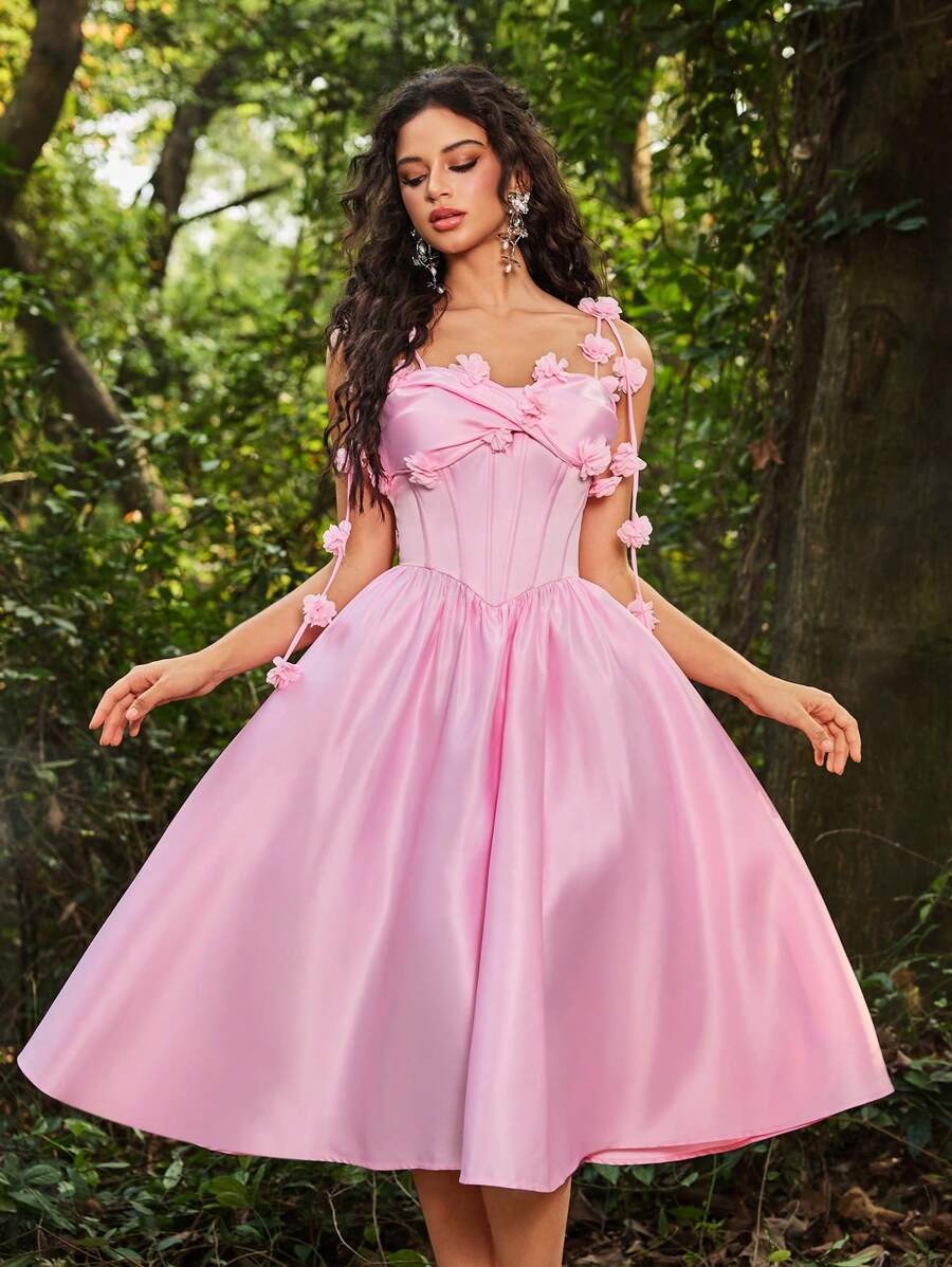 Lovelzi 优雅浪漫浅粉色缎面 3D 花卉系结蝴蝶胸围紧身胸衣 V 形腰部超全裙，适合晚会、舞会、毕业典礼、婚礼、成人仪式、舞会礼服 - 粉色 - 查看 1