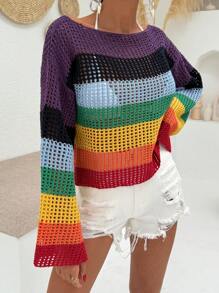SHEIN Suéter cubridor con patrón a rayas de colores y calado para mujeres