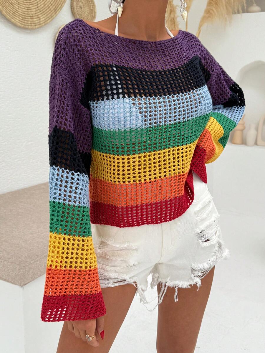 SHEIN Suéter cubridor con patrón a rayas de colores y calado para mujeres