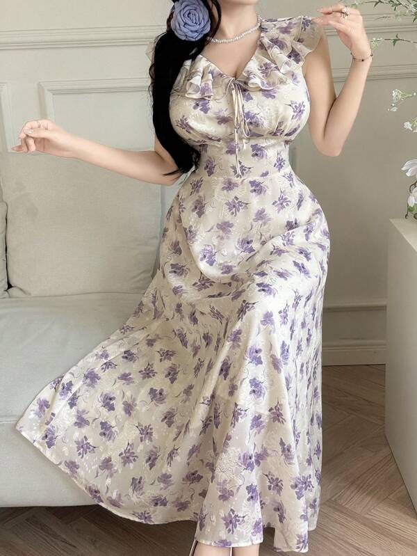 Modelyn Women Elegant Floral Print Ruffle Hem Long Dress, Summer