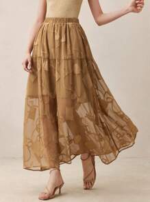 SHEIN BIZwear 2025 年夏季新品 7 月 4 日音乐节派对，适合婚礼宾客、早午餐、都市时尚通勤、日常休闲、春夏女士优雅日常工作约会夜度假波西米亚雪纺透视松紧腰摩卡棕色长裙 - 咖啡棕 - 查看 1