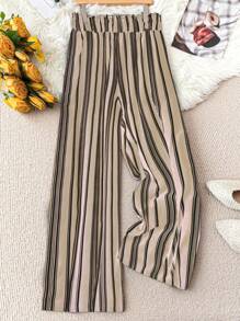 SHEIN LUNE Plus Size Striped Print Knotted Casual Loose Pants - Apricot - View 2