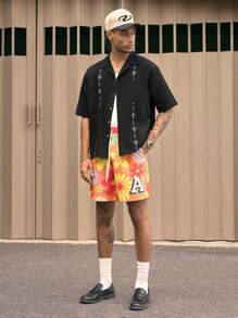 AXEPEAK Summer Floral Print Men's Drawstring Waist Pocket Shorts - Orange - View 5