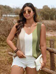 SHEIN LUNE Top de punto de cuello cuadrado de tirantes con fruncidos en la cintura alta, diseño minimalista casual de punto acanalado, color blanco talla grande