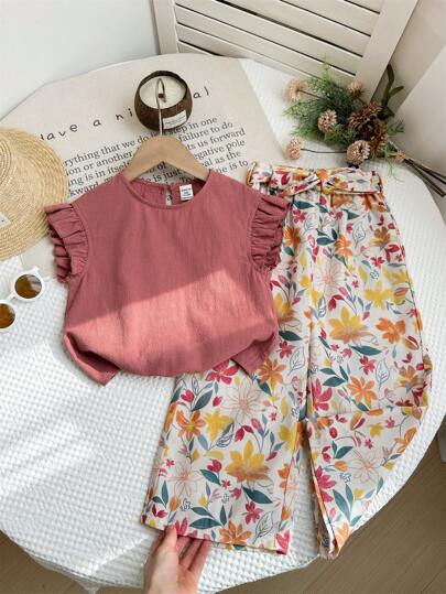 LMoss Kids 2pcs Baby Girl Solid Color Ruffle Collar Blouse And Loose Ditsy Floral Pants Set