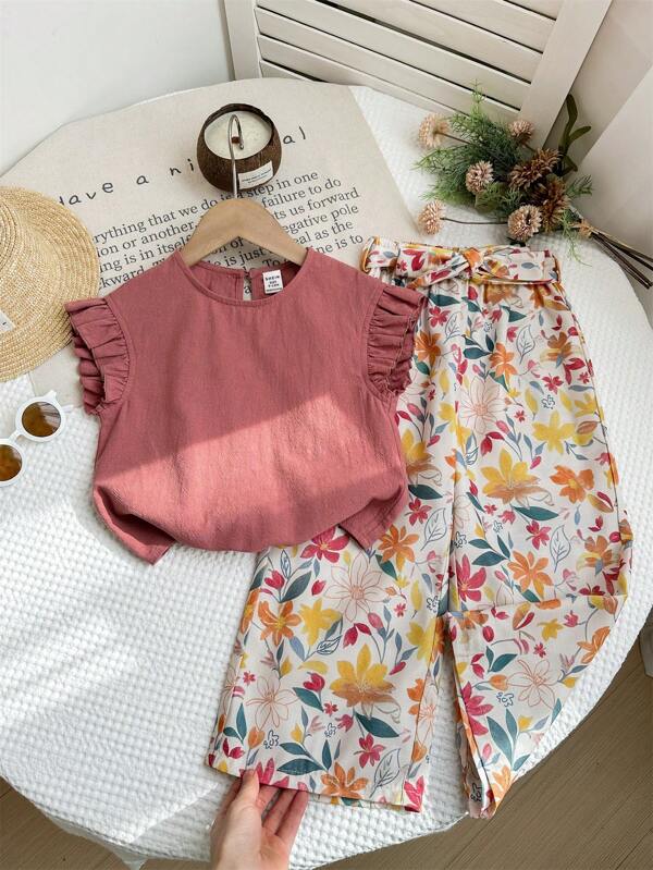 LMoss Kids Set de 2 bucăți pentru fetiță, de culoare uni, cu guler cu volane și pantaloni largi, cu flori
