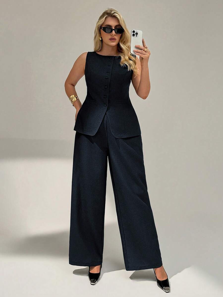 Auralis 大码优雅两件套：纯色无袖上衣和长裤 - 藏蓝色 - 查看 1