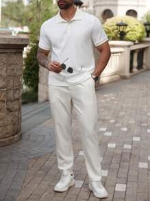 Manfinity Homme Plus Size Men's Casual Solid Color Short Sleeve Polo Shirt And Pants Set, Summer