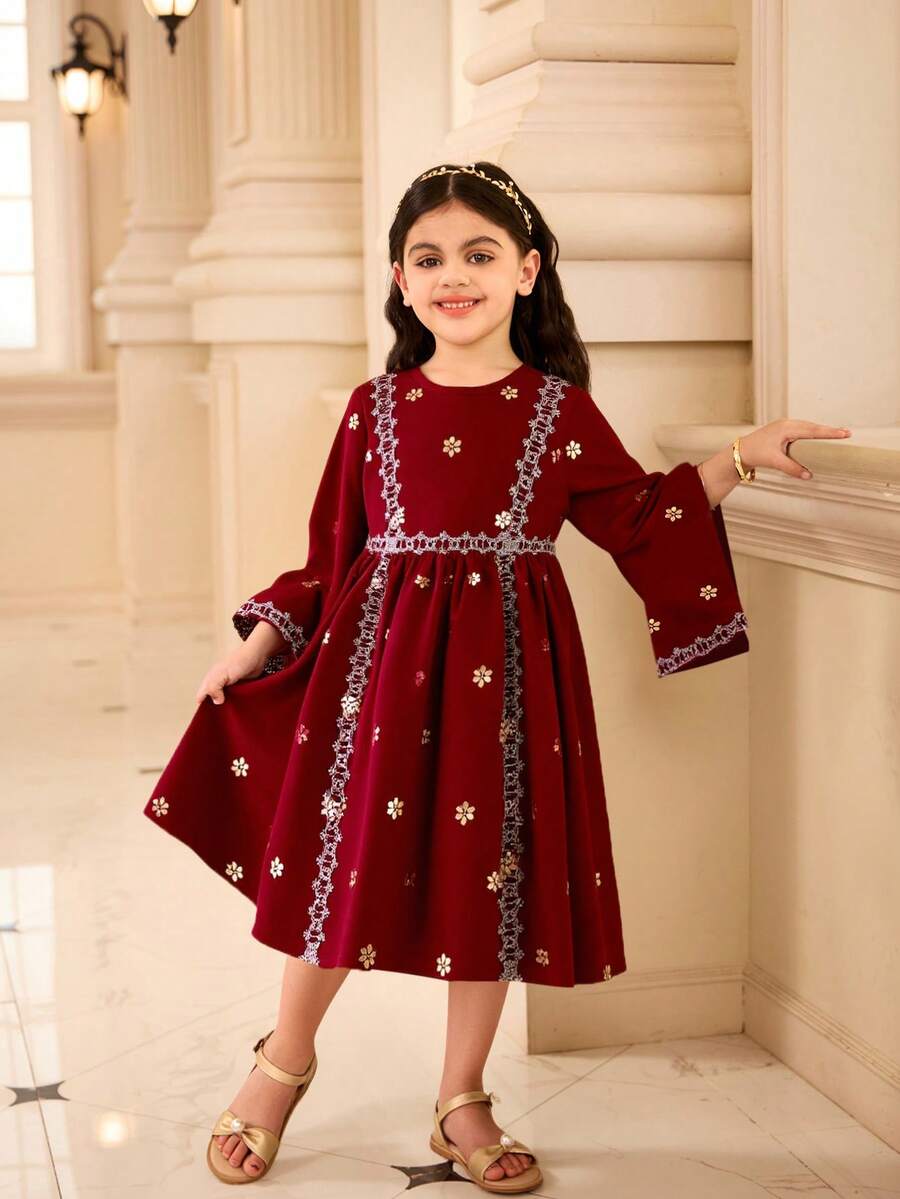 Young Girl Maroon Middle Eastern Eid Al-Fitr Zip Up Long Sleeve Waisted Gold Floral Print Robe, Fancy Summer Gown Royal Dress For Girls - Burgundy - View 1