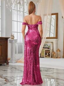 SHEIN Belle Women Sequin Off-Shoulder Sleeveless Cinched Waist High Slit Formal Dress, Elegant Prom Evening Dress. Women Party Dresses Women's Formal Dress Women Formal Dress Women Formal Long Dress Women Dresses Wedding Guest Dress - Hot Pink - View 2