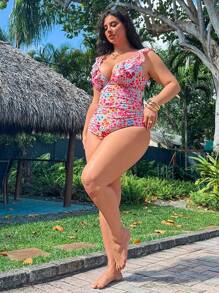 Swim Vcay Costume da bagno intero con scollo a V e schienale aperto, con motivo floreale, adatto per taglie comode, ideale per spiaggia e vacanza
