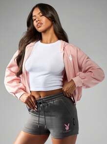 Missguided x Playboy 抽绳运动休闲短裤高腰健身跑步健身房训练宽松运动裤室内户外活动休闲日常穿着 - 灰色 - 查看 2