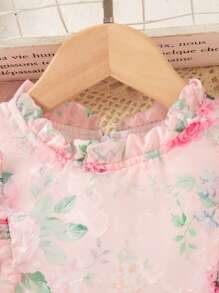 Elladie kids 年轻女孩玫瑰碎花无袖荷叶边连衣裙，拉链后开合时尚休闲公主裙，甜美可爱，适合日常穿着 - 玫紅色 - 查看 4