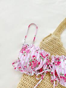 SHEIN Swim Conjunto de bikini con tirantes anudados, encaje y estampado romántico de rosas para vacaciones de verano - Rosa Pálido - Ver 3