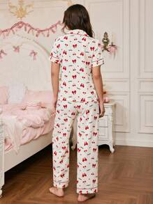 Bow & Cherry Print Women Sleepwear Set - Red and White - View 2