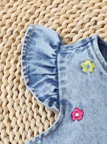 SHEIN Playful Pals 2 chiếc váy ngắn denim rộng rãi thoải mái dễ thương cho bé gái, thêu hoa dễ thương, không co giãn, váy ngắn tay lửng, áo len cardigan nhẹ mùa hè, hàng mới về mùa xuân/hè 2025, thích hợp cho các buổi đi chơi hàng ngày - Rửa trung bình - Xem 4